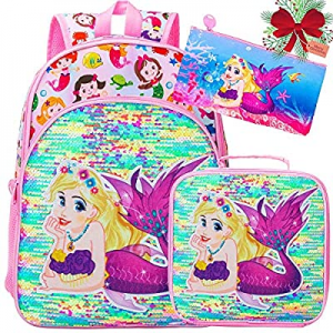 Girls Mermaid Backpack, 16” Prechool Sequin Bookbag and Lunch Box - 3PCS now 65.0% off 