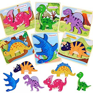 One Day Only！55.0% off 6 Pack Dinosaur Wooden Jigsaw Puzzles Educational Toys for Toddler Ages 1 2..