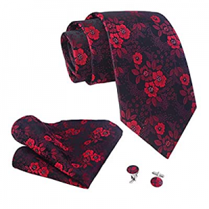 OUMUS Men's Floral Silk Tie and Pocket Square Cufflink Set Gift Box, Black Red now 60.0% off 