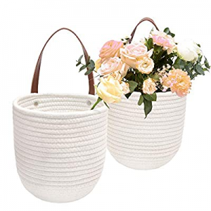 One Day Only！JS HOME 2 Pack Cotton Hanging Baskets with Leather Handle now 30.0% off , Decorative ..