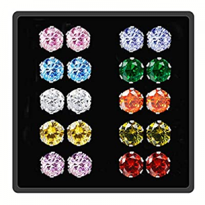 One Day Only！Sparkling Stainless Steel Women Cubic Zirconia Stud Earings Piercing 10 color for eac..
