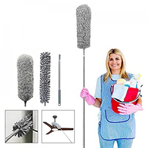 Telescoping Microfiber Duster,1 Stainless Steel Pole & 2 Cleaning Head,Ceiling Fan Duster,Bendable W