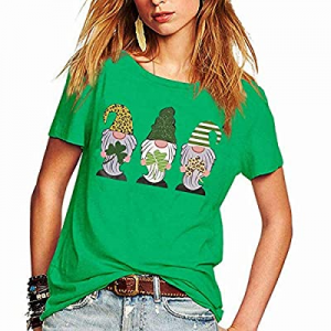 Womens St. Patrick's Day T-Shirt Cute Shamrock Gnomies Graphic Casual Short Sleeve Tops now 70.0% ..