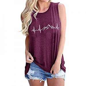 One Day Only！Mountain Heartbeat Graphic Tank Top Women Novelty Hiking Shirt Casual Camping Travel ..