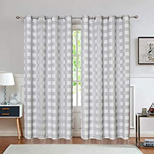 One Day Only！Randall Check Blackout Curtain Panels Grey and White Room Darkening Energy Saving Buf..