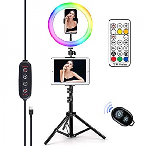 Letyet 10“ RGB Selfie Ring Light with Tripod Stand and Phone Holder, for Live Stream/Makeup, 29 RGB 