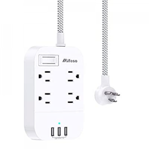USB Power Strip - Flat Plug Extension Cord with 4 Outlets 3 USB Charger Ports, 5 FT Braided Power Co