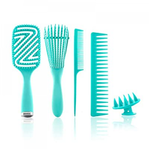 Detangling Brush Comb Set for Curly Hair, Detangler Brush Kit with Curved Vented Brush, Wide-Toothed