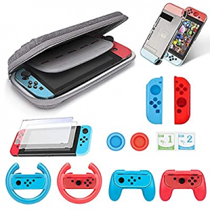 Accessories Kit Bundle for Nintendo Switch, 1x carry case,2x Grips kit,2x Steering Wheel,1x crystal