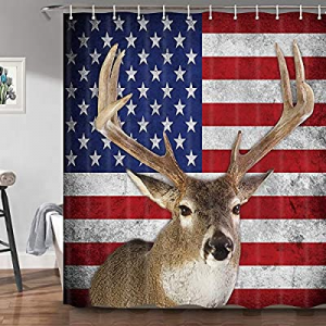 JAWO Deer Shower Curtain now 40.0% off , Patriotic Deer with Old American Flag Decor Farmhouse Rus..