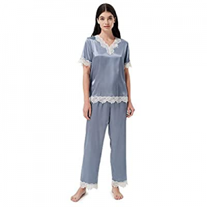 SIORO Silk Pajamas for Women Floral Lace Trim Satin Pj Set V-Neck 2-Piece Sleepwear, Small~X-Large..