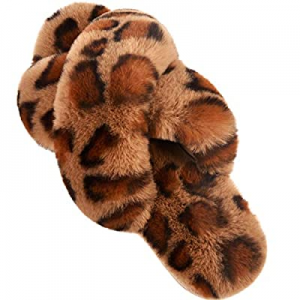 65.0% off Women's Cross Band Slippers Leopard Soft Plush Furry Cozy Open Toe Slip On House Shoes I..