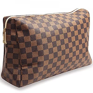 Checkered Travel Makeup Bag now 75.0% off , Vegan Leather Large Retro Cosmetic Pouch, Toiletry Tra..