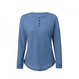 Womens Waffle Knit Tops Comfy Henley Shirts Long Sleeve Loose Blouse Tunic Pullover now 45.0% off 