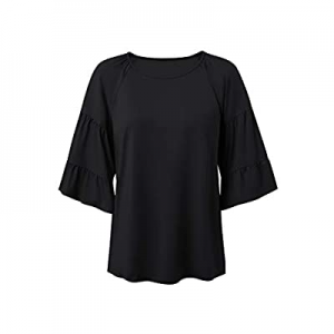 Fleur Wood Womens Loose Blouse 3/4 Tiered Bell Sleeve Shirts Round Neck Casual Tops now 45.0% off 