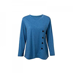 Womens Casual Long Sleeve Round Neck Loose Tunic T Shirt Blouse Tops Side Button Trim now 45.0% off 