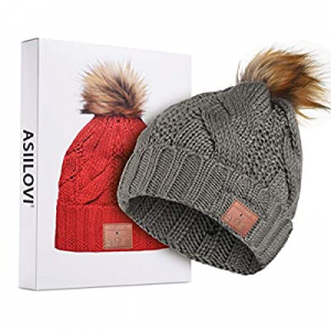 ASIILOVI Bluetooth Beanie, Bluetooth 5.0 Wireless Winter Warm Knit Fur Pom Cap Hats with Double Flee
