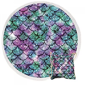 Large Round Beach Towel with Fringe now 15.0% off , Microfiber Mermaid Scales Round Beach Blanket ..