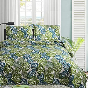 3Pcs Tropical Thick India Blue Green Palm Leaves Quilt Set Coverlet Full/Queen now 75.0% off ,Beac..