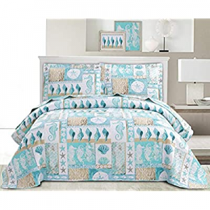 3-Piece Coastal Plaid Rversible Quilt Set Full/Queen(90x90 inches) now 70.0% off ,Tropical Seahors..