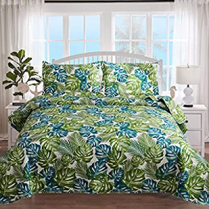 3Pcs Tropical Thick India Blue Green Palm Leaves Quilt Set Coverlet Full/Queen now 65.0% off ,Beac..