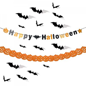 55.0% off JRrutien Happy Halloween Banner Pumpkin Paper Garland 3D Bats Scary PVC Stickers Decal W..