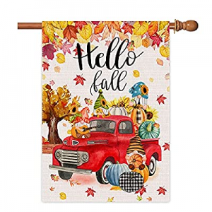 Hello Fall House Flag 28 X 40 Double Sided Truck Pumpkin now 50.0% off , Autumn Leaves Burlap Larg..