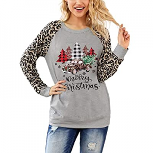 GEMLON Merry Christmas T Shirt Women Funny Christmas Tree Leopard Graphic Long Sleeve Tee Tops now..
