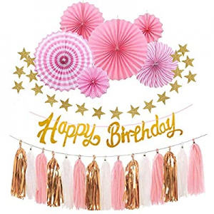 Gold Pink Birthday Decorations Set, Birthday Party Supplies Gold Happy Birthday Banner,Pink Hanging