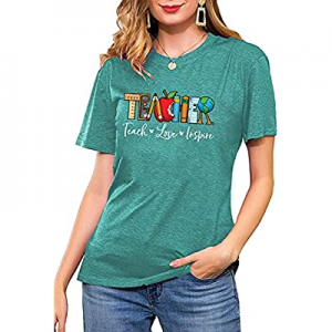 One Day Only！Women Teach T-Shirt Teacher Graphic Tops Tees Teach Love Inspire Letter Print Shirts ..