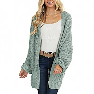 One Day Only！VTSGN Women's Long Lantern Sleeve Chunky Knit Sweater Open Front Cardigan Pockets Loo..