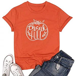 Women Thanksgiving Day Thank Full Letter Print T Shirt Funny Pumpkin Graphic Tee Tops now 20.0% off 