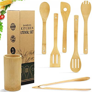 Nialnant Wooden Spoons for Cooking 6 Piece Organic Bamboo Utensil Set With Holder now 50.0% off , ..