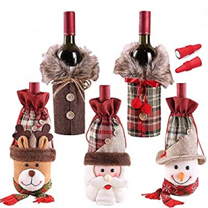 Holiday/Christmas Wine Bottle Decors/Bags Set of 7: Checkers & herringbone decors with Faux Fur Co..