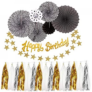 Gold Black Birthday Decorations Set, Birthday Party Supplies Gold Happy Birthday Banner,Hanging Pape