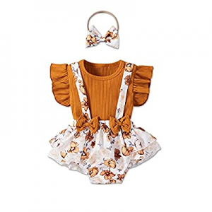 50.0% off Baby Girl Summer Clothes Infant Floral Outfit Ruffle Sleeve Ribbed T-Shirt Suspender Sho..