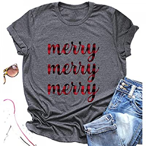 25.0% off T&Twenties Merry Christmas T-Shirt for Women Merry and Bright Letter Printed Tee Shirt C..