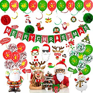 73pcs Christmas Balloons Decoration Set, Merry Christmas Banners Hanging Swirls Photo Booth Props Sa
