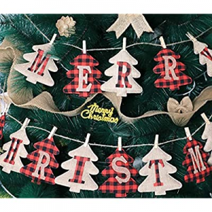 Merry Christmas Burlap Banner, Burlap and Buffalo Plaid Tree Shaped Christmas Decorations Indoor, Un