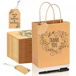 Thank You Gift Bags With Handles Bulk 50 pcs, Brown Gift Bags Medium Size 8"×4.75"×10"(with Tags&Pen