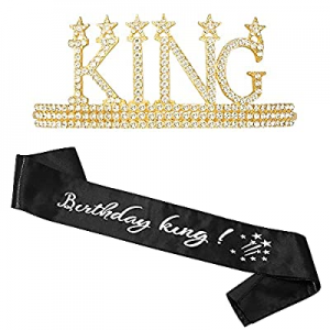 Gold Birthday King Crowns for Men, Happy Birthday Sash and Tiaras for Men Rhinestone Mens Crown for