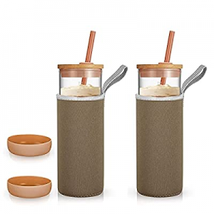 55.0% off Tronco Iced Coffee Cup Glass Tumbler with Straw and Bamboo Lid|Wide Mouth Reusable Smoot..