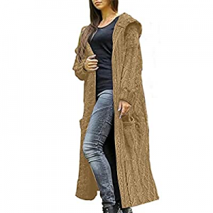 Koinshha Women Hooded Long Cardigan Coat Casual Cable Knit Open Front Cardigan Sweater now 50.0% o..