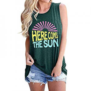 One Day Only！Here Comes The Sun Tank Tops Women Cute Sunshine Graphic Shirt Sleeveless Letter Prin..