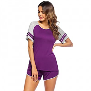 60.0% off ADOME Womens Pajama Set Short Sleeve Shorts Sleepwear Contrast Nightwear Round Neck Soft..