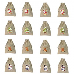 Sazfli 12 Pcs Linen Bags with Drawstrings, Christmas Santa Jute Burlap Goody Gift Bags, 4 designs Sn