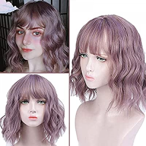 CTRLALT Purple Wavy Wigs with Bangs Women’s Short Purple Bob Wig Synthetic Natural Looking Heat Resi