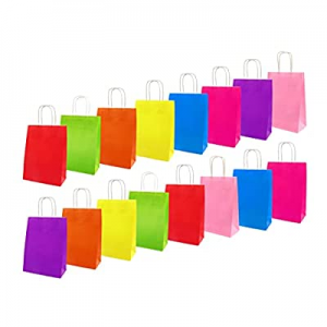 Party Favor 16Pcs Party Favor Bags, Paper Gift Bags for Kids, 8 Colors Kraft Party Treat Bag with Ha