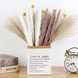 One Day Only！65 Pcs Totally Natural Dried Plants Pampas Grass with 4 Kinds of Color Fluffy DIY Boh..
