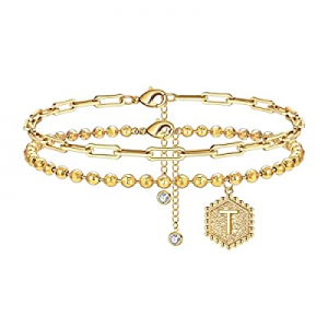 One Day Only！Yooblue Initial Ankle Bracelets for Women now 66.0% off , 14K Gold Plated Dainty Hexa..